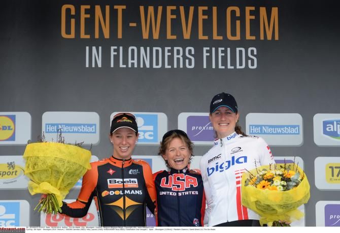 The podium of Janneke Ensing (Boels Dolmans Cycling Team), Lauren Hall (USA) and Vera Koedooder (Bigla)