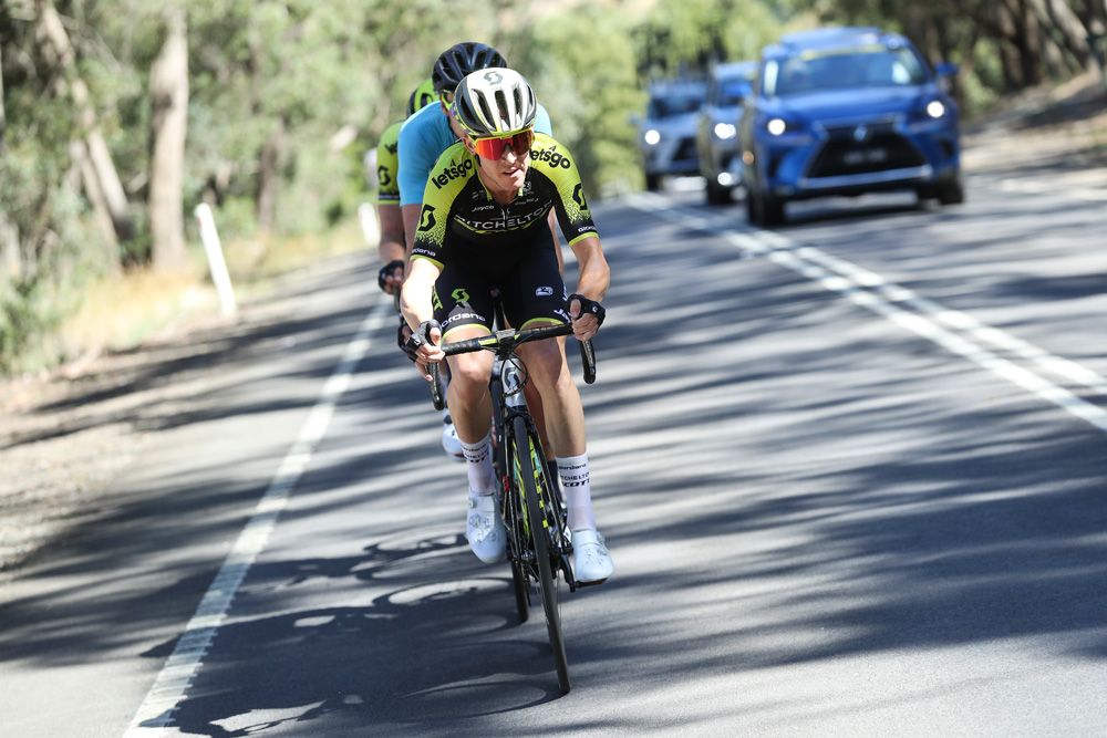 Cameron Meyer (Mitchelton-Scott) lead the leading trio on the final lap