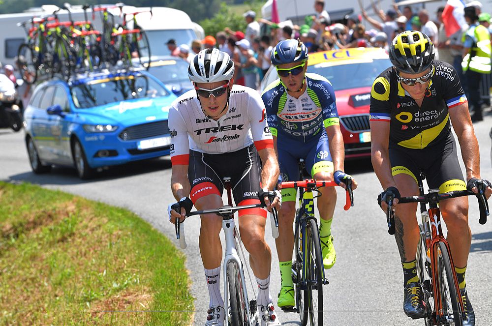 Tour de France stage 2 breakaway: Dion Smith of New Zealand and Team Wanty Groupe Gobert / Michael Gogl of Austria and Team Trek Segafredo / Sylvain Chavanel of France and Team Direct Energie