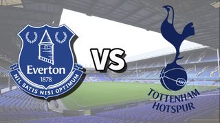 The Everton and Tottenham Hotspur club badges on top of a photo of Goodison Park stadium in Liverpool, England