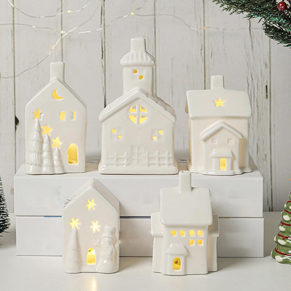 Christmas Indoor Village Lighted Ceramic Houses White Holiday Farmhouse Rustic Decor for Home Tabletop Mantel Shelf