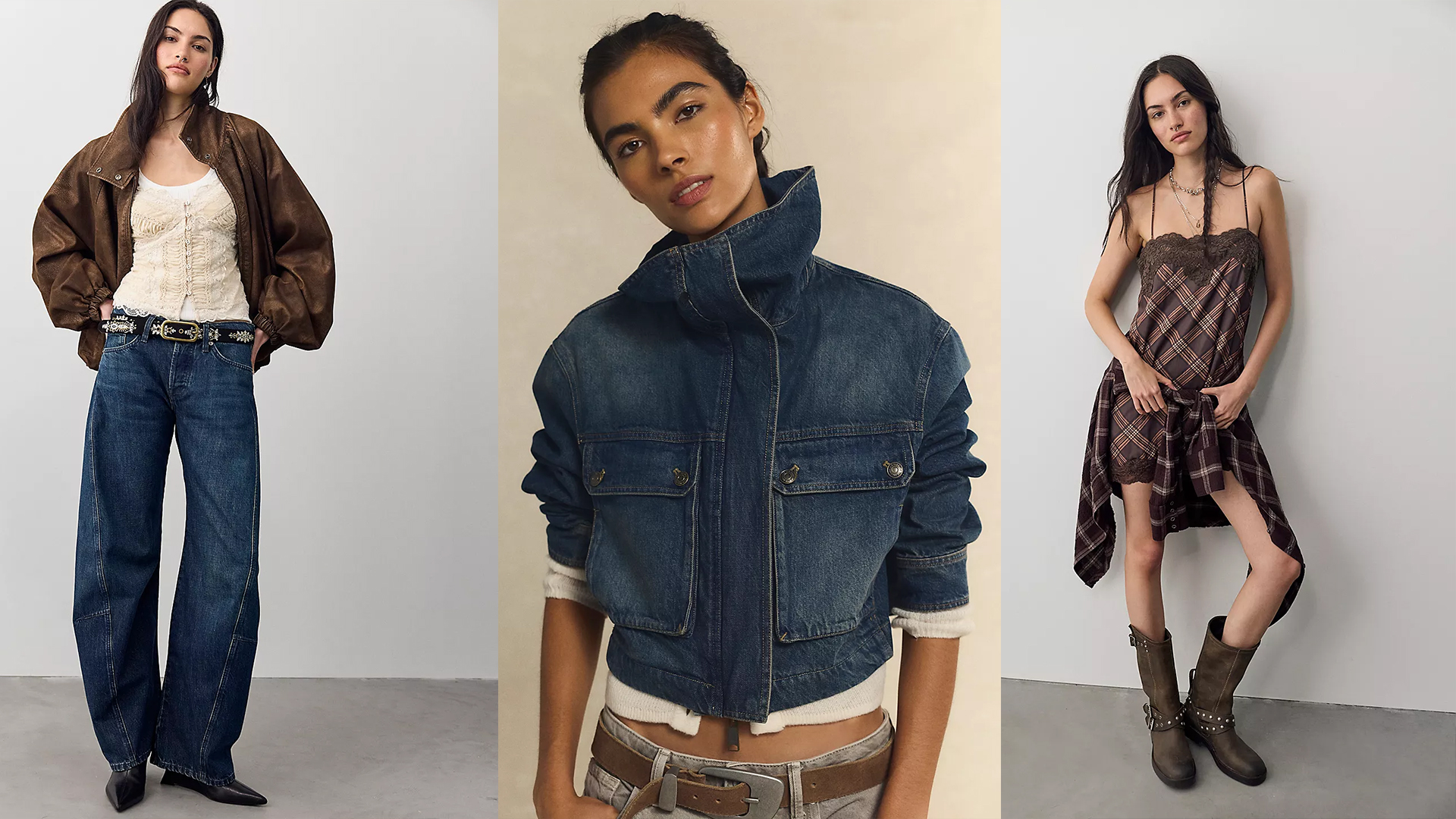 Models wear FP. One wears white top, brown jacket, blue jeans and black shoes. Another wears denim jacket, green khaki pants and boots, and last wears a dress and flannel combo with some cowboy boots.