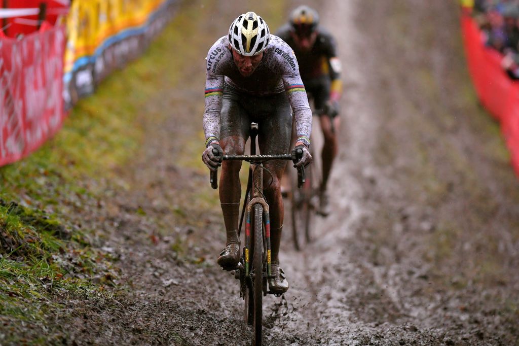NAMUR BELGIUM DECEMBER 22 Mathieu Van Der Poel of The Netherlands and Team Corendon Circus Toon Aerts of Belgium and Team Telenet Baloise Lions Mud Public Fans Landscape during the 11th Namur World Cup 2019 UCICX TelenetUCICXWC on December 22 2019 in Namur Belgium Photo by Luc ClaessenGetty Images