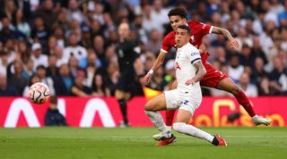 Luis Diaz of Liverpool scores a goal, incorrectly ruled offside and disallowed during the Premier League match between Tottenham Hotspur and Liverpool FC at Tottenham Hotspur Stadium on September 30, 2023 in London, England.