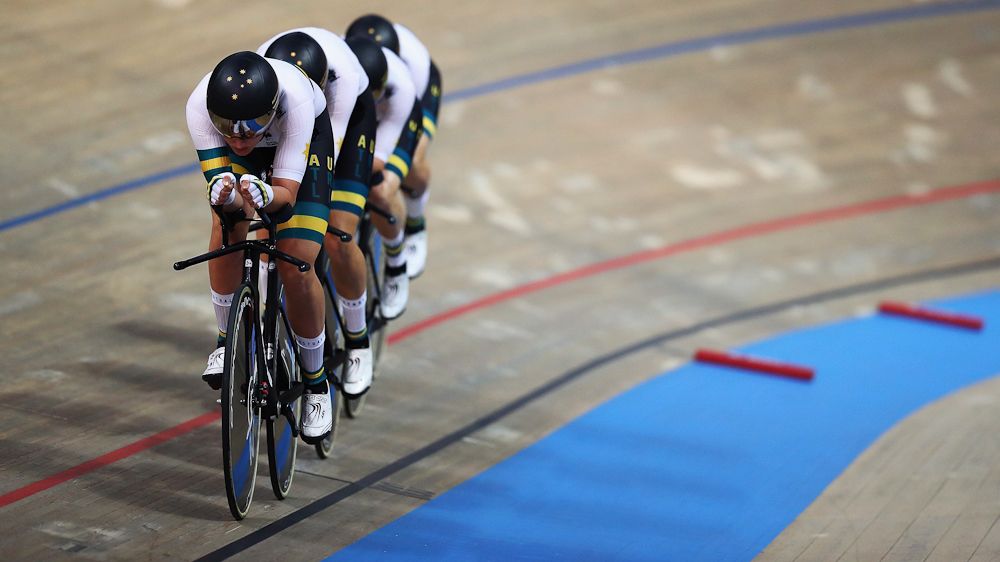 Annette Edmondson, Ashlee Ankudinoff, Georgia Baker and Amy Cure of Australia compete in the Women's Team Pursuit qualifying on day one of the UCI Track Cycling World Championships