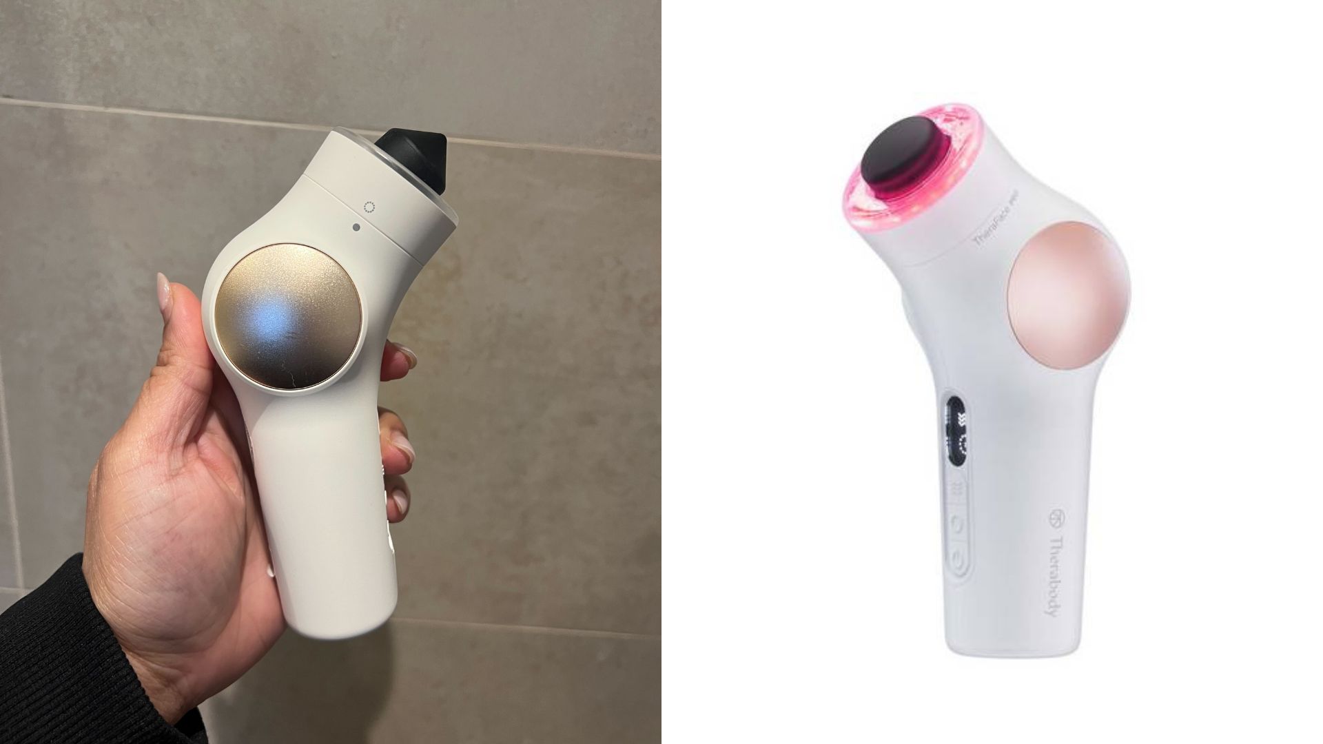 Therabody Theraface Pro next to an image of Aleesha using it