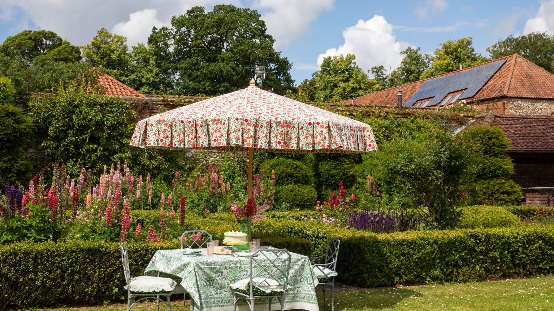 Chintz parasol in garden