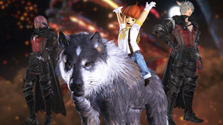 An image showcasing several items from the Final Fantasy 16 crossover event in Final Fantasy 14, including Clive Rosfield's clothes and dog.