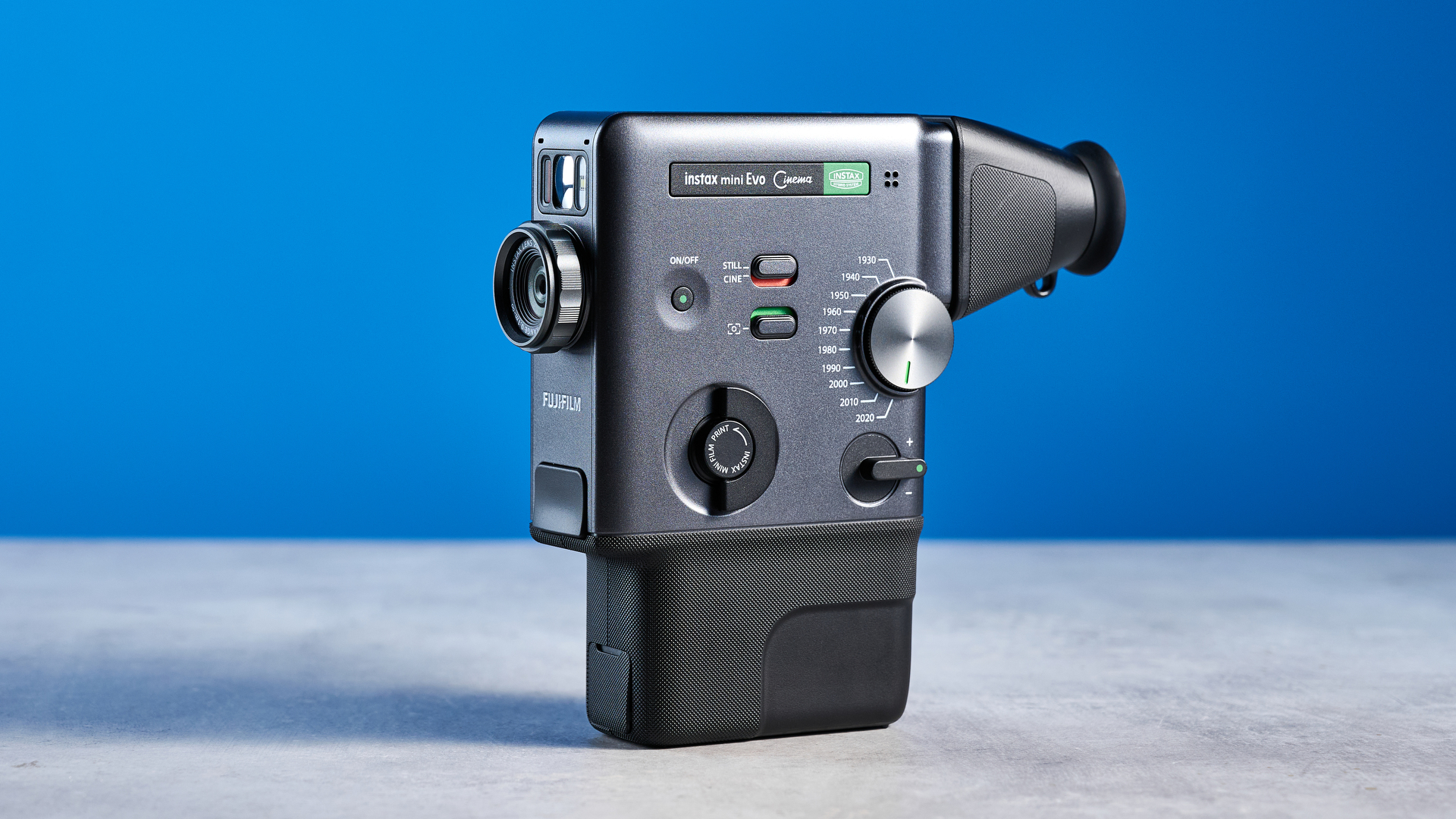 A Fujifilm Instax mini Evo Cinema hybrid instant camera