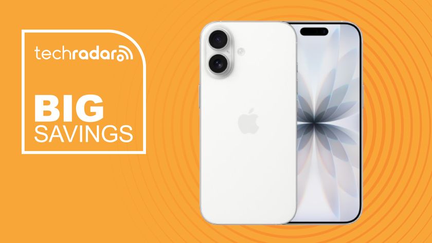 Apple iPhone 17 on orange background with big savings text overlay