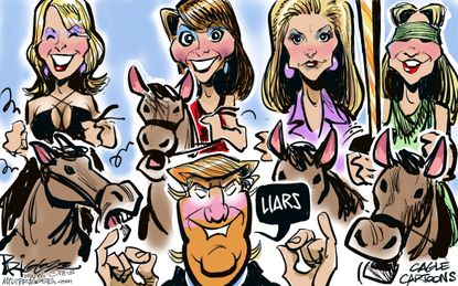 Political cartoon U.S. Trump affair allegations lawsuits Stormy Daniels Karen MacDougal Summer Zervos