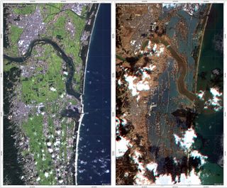 These images were acquired by the German Optical RapidEye and radar TerraSAR-X satellites. They show Torinoumi on the eastern coast of Japan before the disaster on Sept. 5 2010 and after the tsunami on March 12, 2011. The German Aerospace Center, DLR, is 