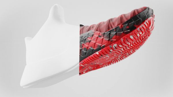 3D image of shoe with half a white model, and the other a red and black finished design