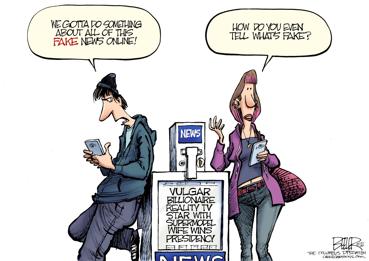 Political cartoon U.S. spread of fake news Facebook Trump | The Week