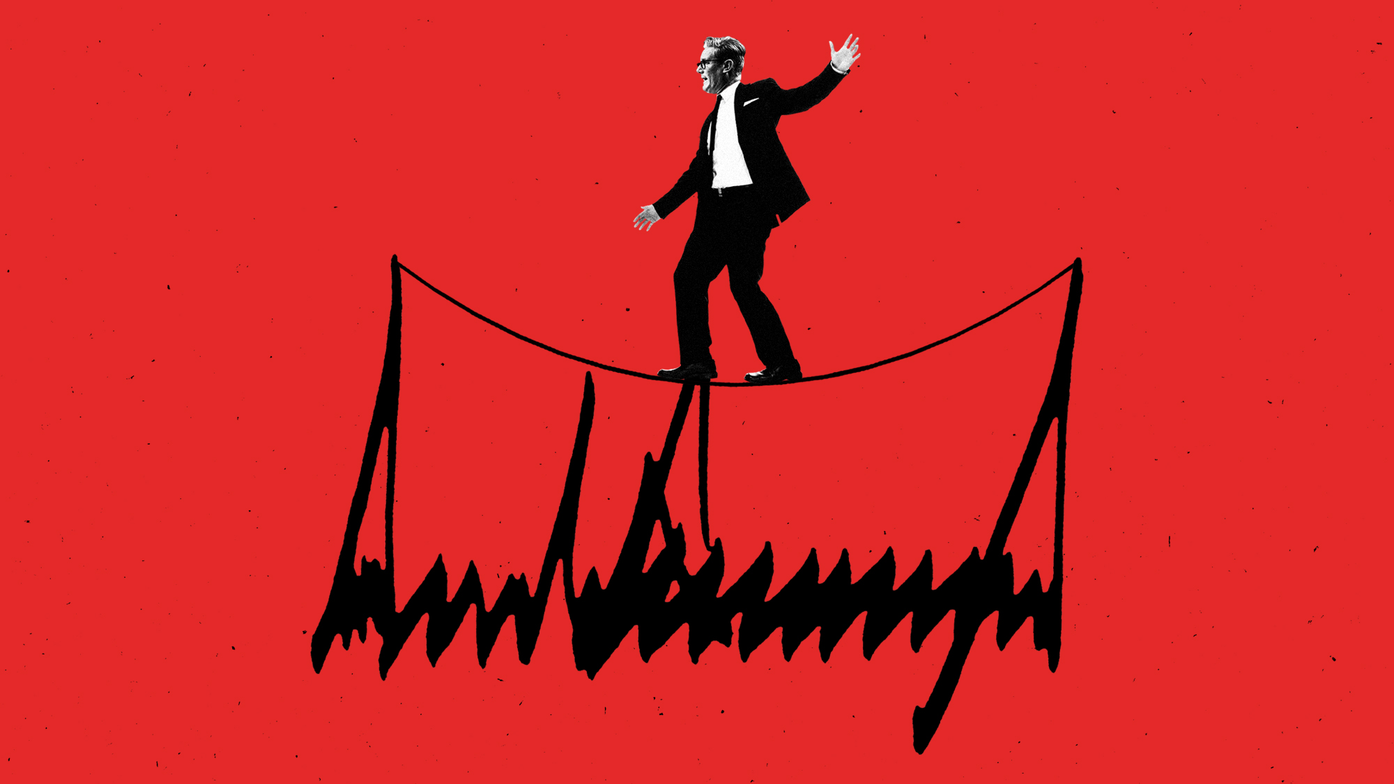 Illustration of Keir Starmer walking on a tightrope stretched across Donald Trump's signature