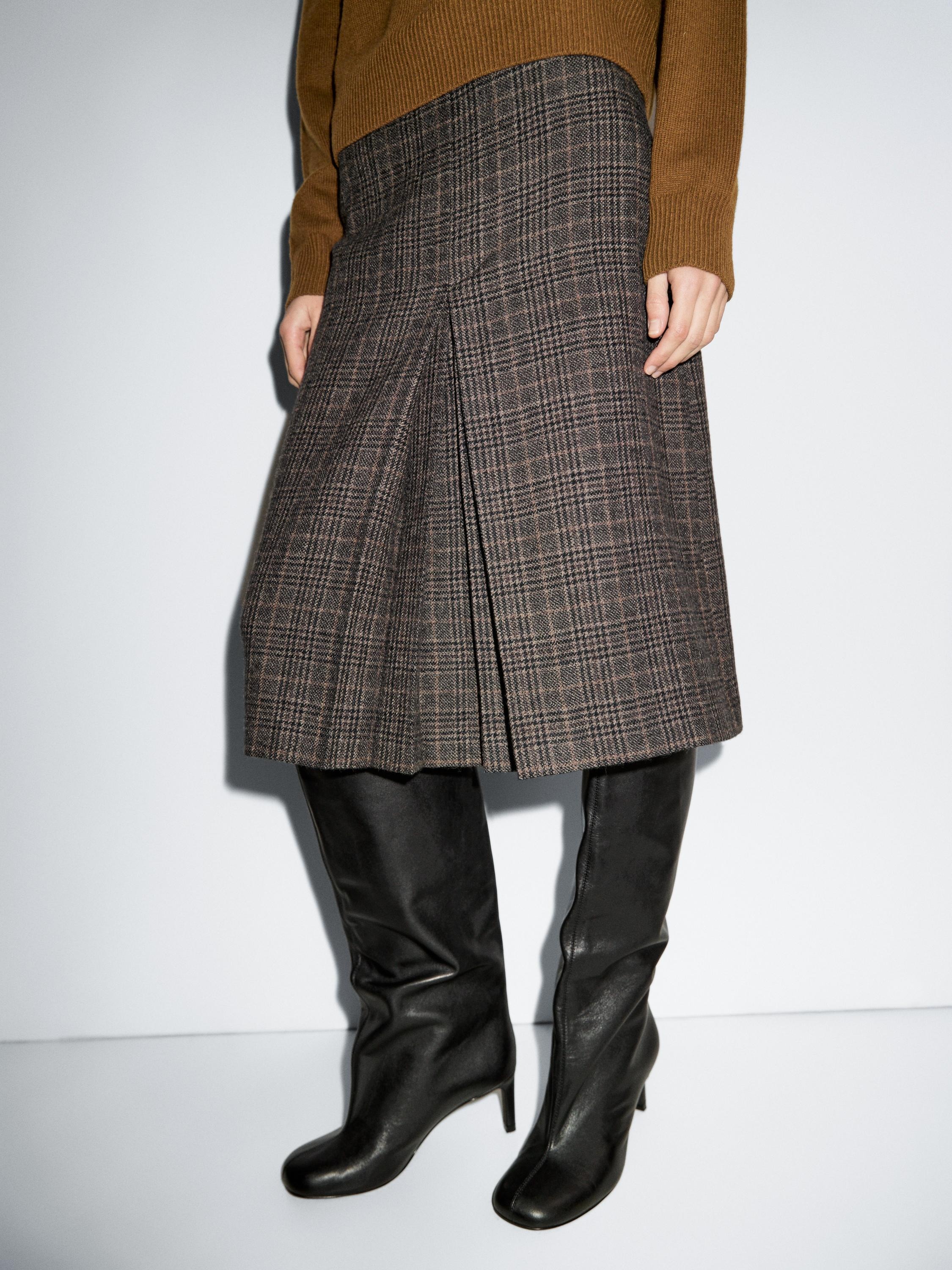 Massimo Dutti, 100% Wool Check Midi Skirt