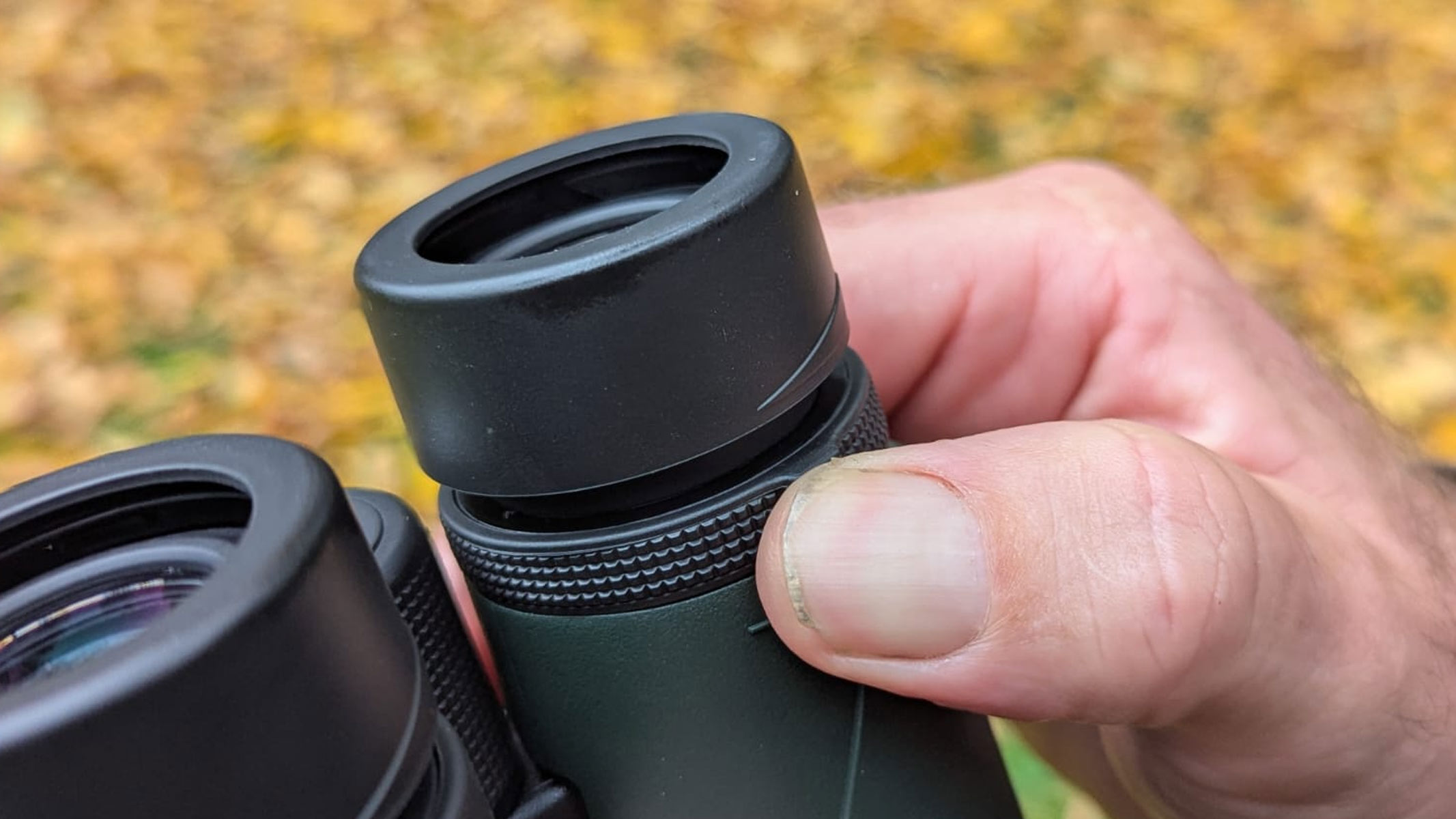 A close up of the eye relief on the Carson RD 10x50 binoculars.