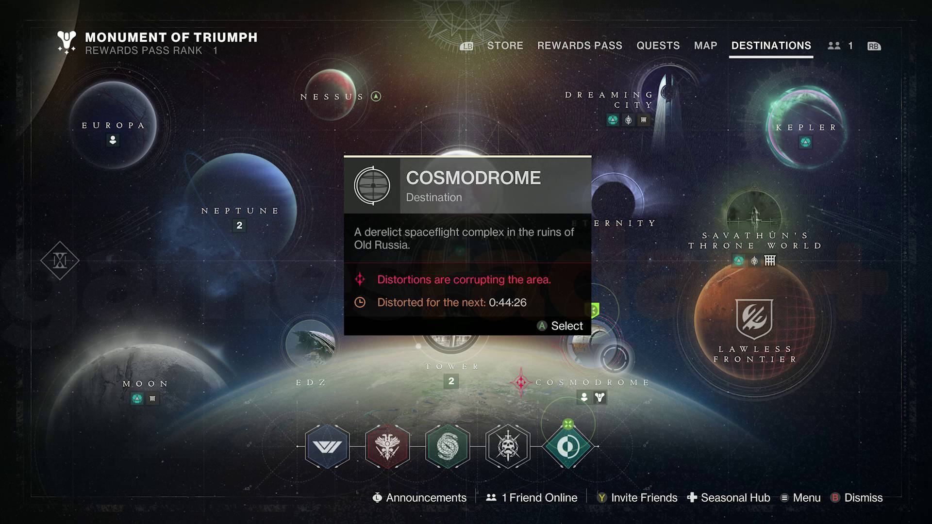 Destiny 2 Director menu showing Cosmodrome as the current Distortions destination