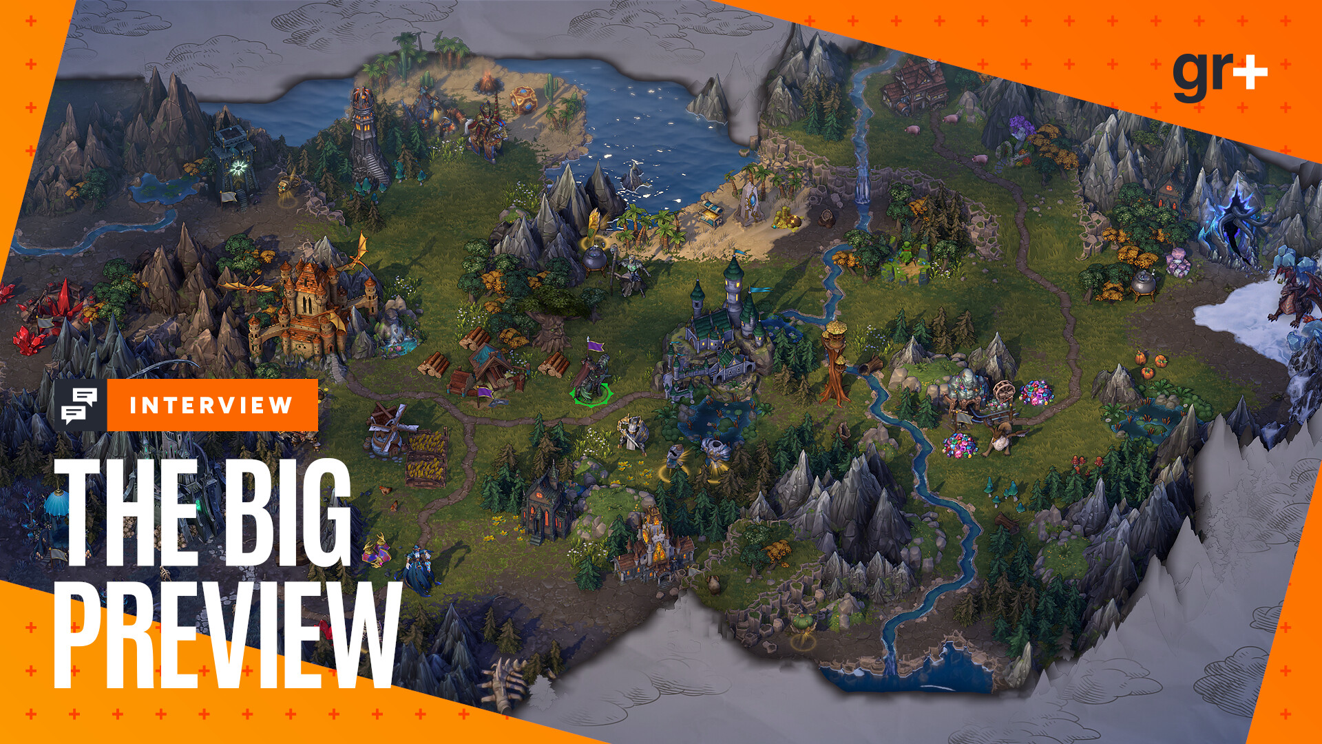 A green map with plenty of fog of war in Heroes of Might and Magic: Olden Era, with the GR+ Big Preview frame