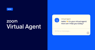 Promotional material for Zoom Virtual agent: a logo, and a graphical representation of the new chatbot