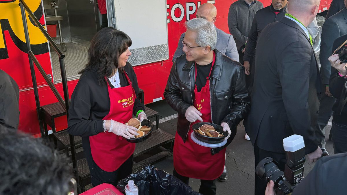 Nvidia CEO stops by Denny's food truck to eat and serve Nvidia Breakfast Bytes before GTC 2025