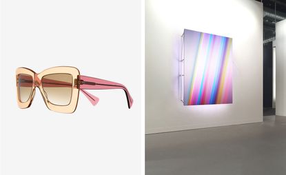Left: Roksanda sunglasses with gold and pink transparent frame; Right: the inspiration for the sunglasses design, the Troika spatial design installation