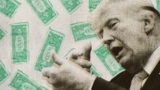 Photo collage of Donald Trump miming shooting a rifle with dollar bills raining behind him