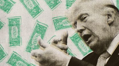 Photo collage of Donald Trump miming shooting a rifle with dollar bills raining behind him