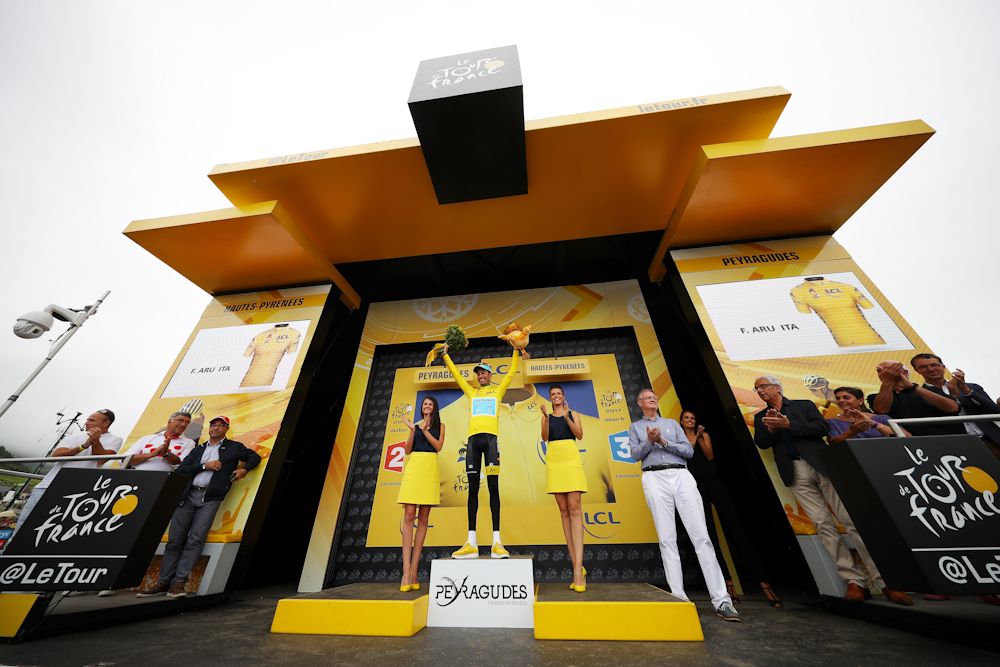 Fabio Aru in yellow on the stage 12 podium.