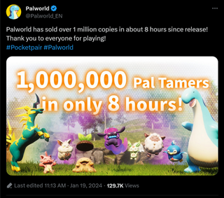 Palworld has sold over 1 million copies in about 8 hours since release! Thank you to everyone for playing! #Pocketpair #Palworld