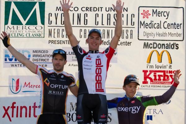 Men's podium for stage three is Patrick Bevin (Bissell), Ken Hanson (Optum) and Logan Loader (Exergy.)