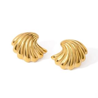 Gold Statement Earrings for Women Trendy, Chunky Gold Earrings Big Shell Wings Textured Dome Earrings Drop Earrings Hypoallergenic Earrings Lightweight Dainty Vintage Jewelry Gift(shell)