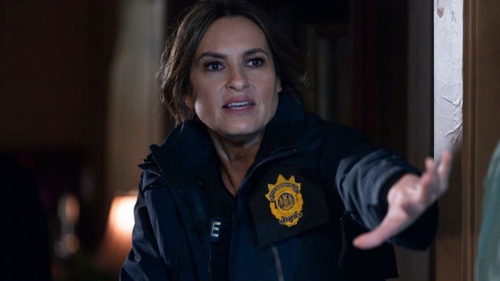 Mariska Hargitay as Capt. Olivia Benson bursting onto a scene in Law & Order: SVU season 26