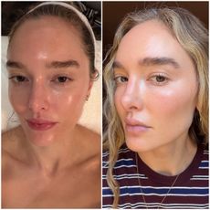 two photos of the same woman, one of a close-up on a facial table with glowy skin, and the next with wavy hair and glowing, flawless skin