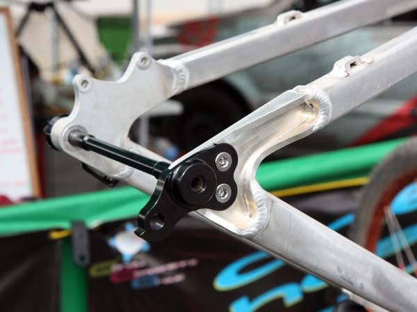 The One Ghost Musashi downhill bike features CNC-machined thru-axle dropouts.