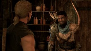 Gothic Remake Up to His Neck: The Nameless Hero speaking to Silas, the New Camp's bartender.