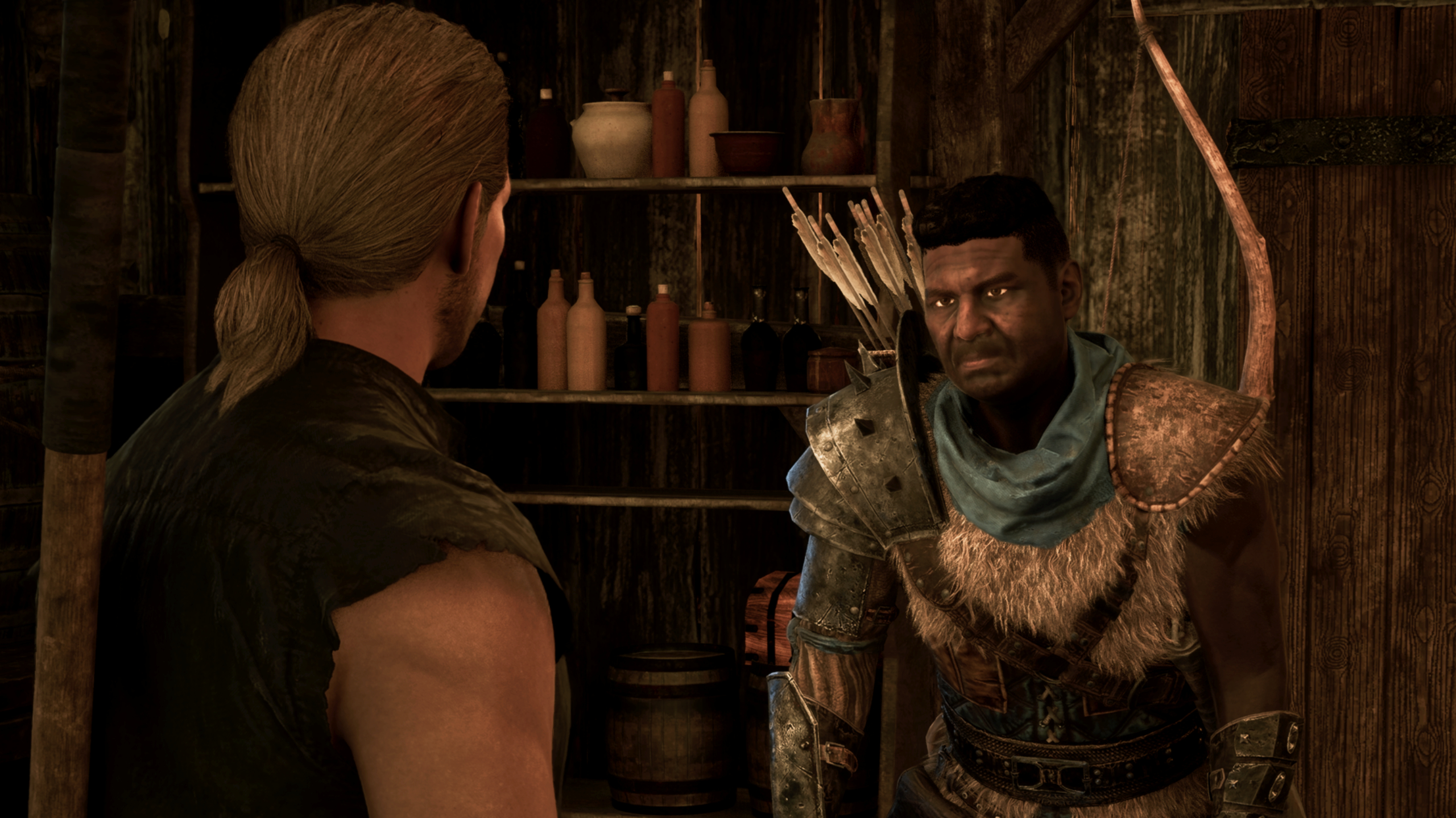 Gothic Remake Up to His Neck: The Nameless Hero speaking to Silas, the New Camp's bartender.