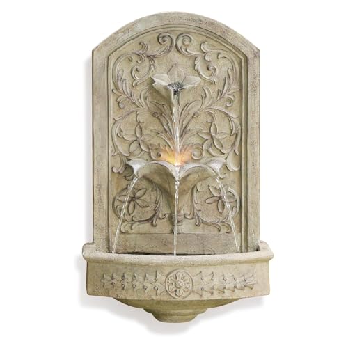Sunlinua Vintage Wall-Mounted Water Feature, 3-Tier Carved Garden Water Fountain With Led Light and Electric Pump for for Gardens, Landscaping, Patios, Balconies, 72cm