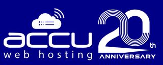 Accu web hosting logo 20th anniversary on dark blue background