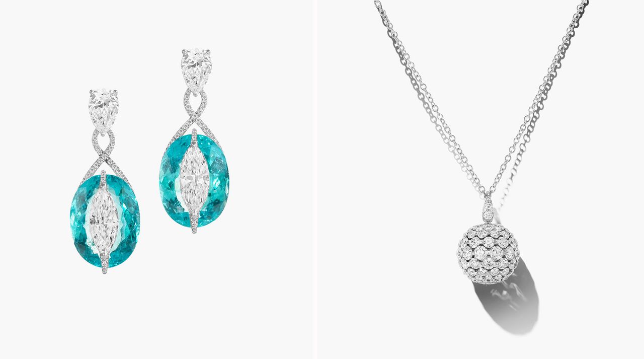 Left, diamond earrings set into blue stones and right, a long diamond necklace on a chain