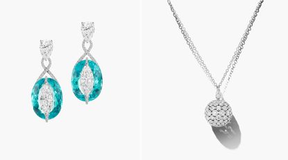 Left, diamond earrings set into blue stones and right, a long diamond necklace on a chain