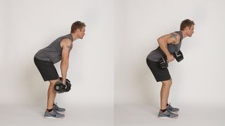 Jessie Pavelka demonstrating two positions of the bent-over row exercise with dumbbells