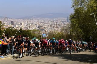 BARCELONA SPAIN MARCH 28 The peloton during the 100th Volta Ciclista a Catalunya 2021 Stage 7 a 133km stage from Barcelona to Barcelona Public Fans Alt del Castell de Montjuc 170m Landscape VoltaCatalunya100 on March 28 2021 in Barcelona Spain Photo by David RamosGetty Images