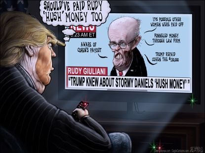 Political cartoon U.S. Trump Giuliani hush money Stormy Daniels