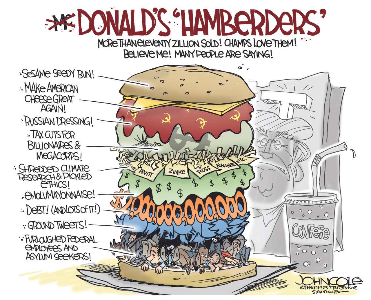 Political cartoon U.S. Trump hamburgers scandals russia&amp;amp;nbsp;Mueller investigation