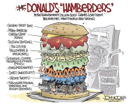 Political cartoon U.S. Trump hamburgers scandals russia&nbsp;Mueller investigation