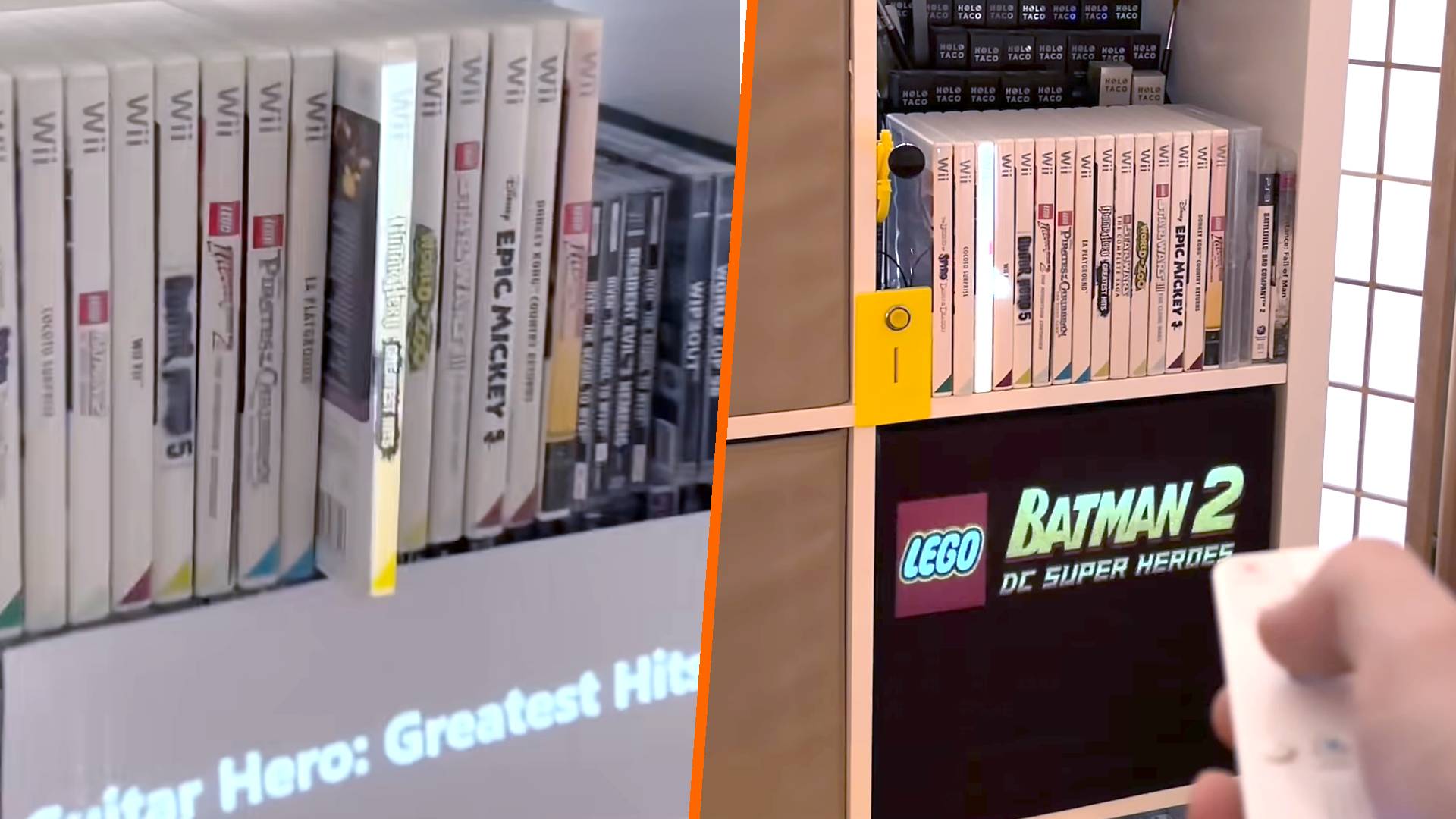 Images of IRL home screen in action with left showing Wii disc box being pushed via mechanism and right featuring hand using Wiimote to select games with Lego Batman 2 logo projected under.