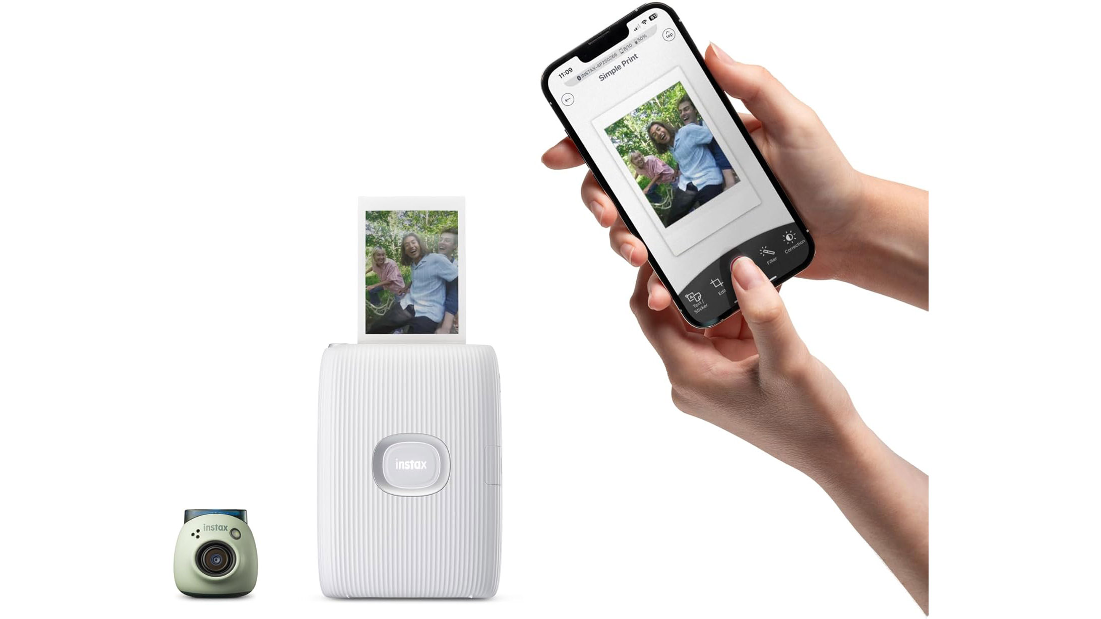 Fujifilm Instax Pal in green color on a white background next to an Instax Mini Link printer and a person is holding a smartphone with the Instax Pal app running and printing a photo directly to the mini printer