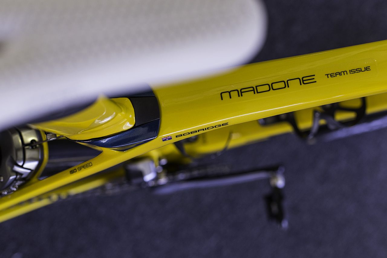 A top-down view of Jack Bobridge's yellow Trek Madone bike