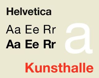 Sample text in Helvetica font, a neat sans-serif font, with several letters of the alphabet, a giant letter ‘a’, and the word ‘Kunsthalle’ spelt out, on a beige background.